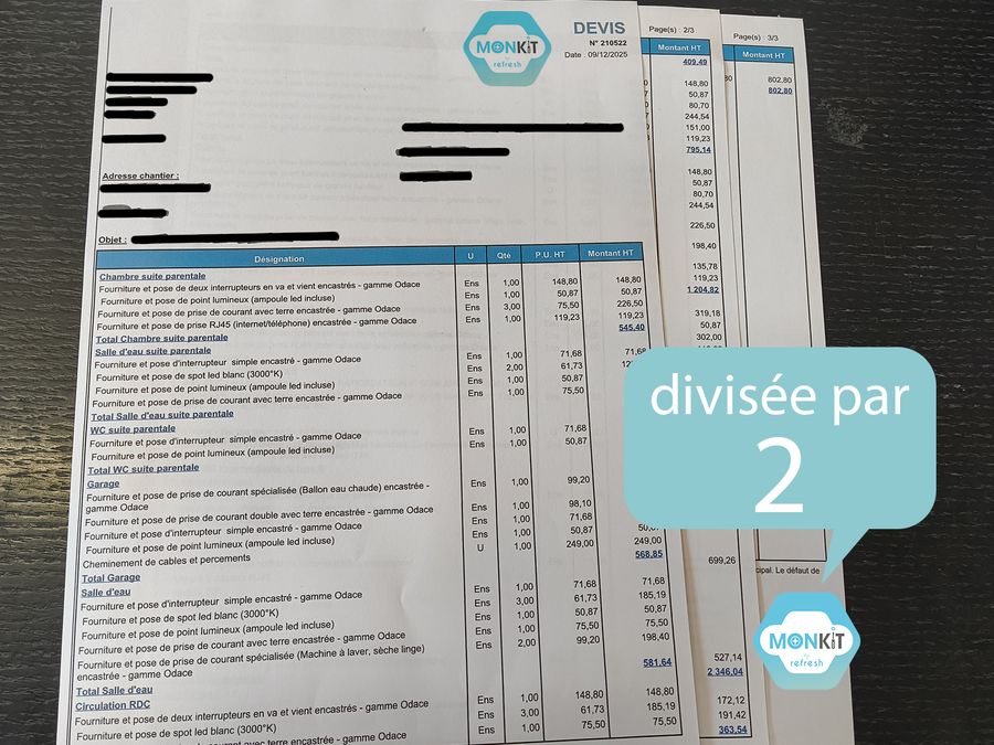 Devis d'installation électrique poste par poste, dont le montant est divisé par deux avec Mon Kit