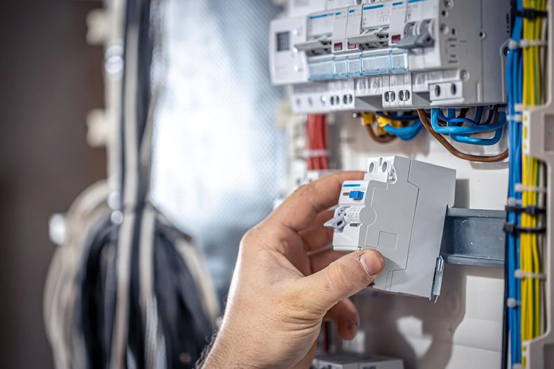Pose d'un disjoncteur dans un tableau électrique en cours de câblage
